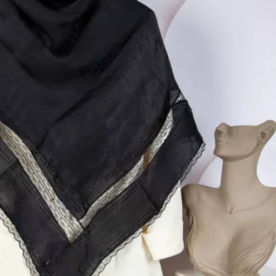 روسری پتینه نگین کوب دانتل دوزی تک مشکی