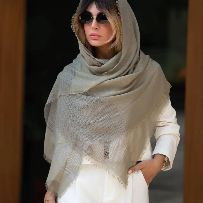 شال نخی دو جزیی ساده رنگی دستک کنفی
